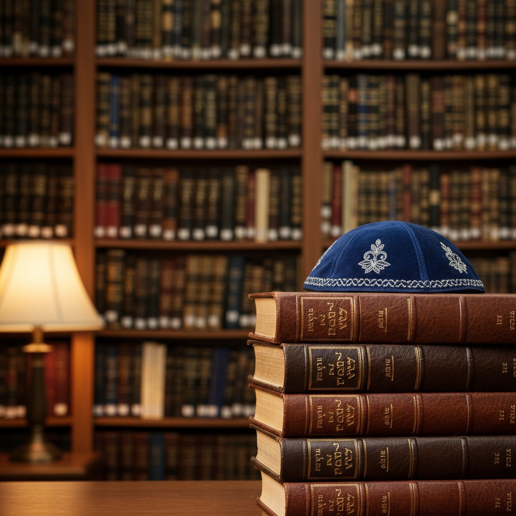 Multi-colored books stacked into a pyramid, the top book featuring a dark blue yarmulke with traditional Jewish embroidery...