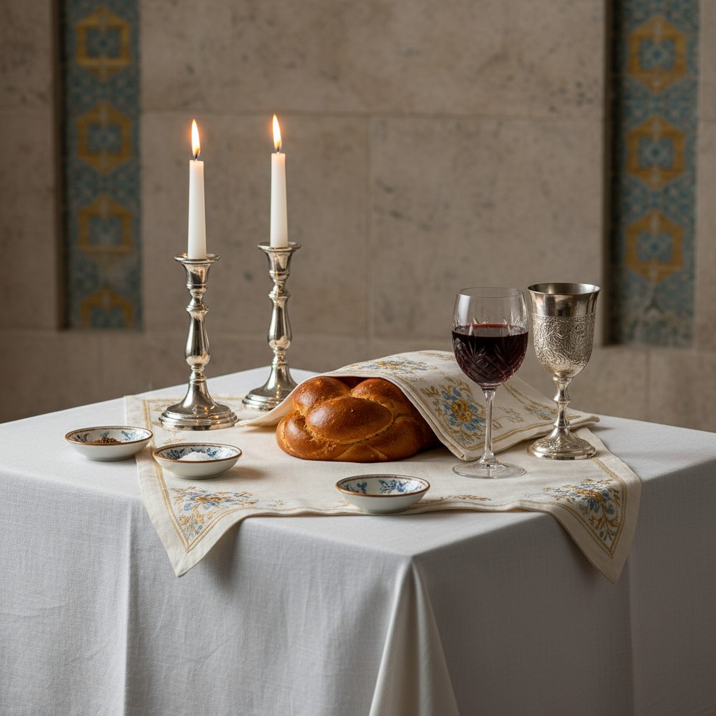 A Jewish prayer shawl typically worn during certain religious rituals, featuring intricate embroidery and woven patterns r...